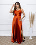VESTIDO ALCINHA DRAPEADO RODADO VESTIDO DE FESTA PETRA FINA TERRACOTA P